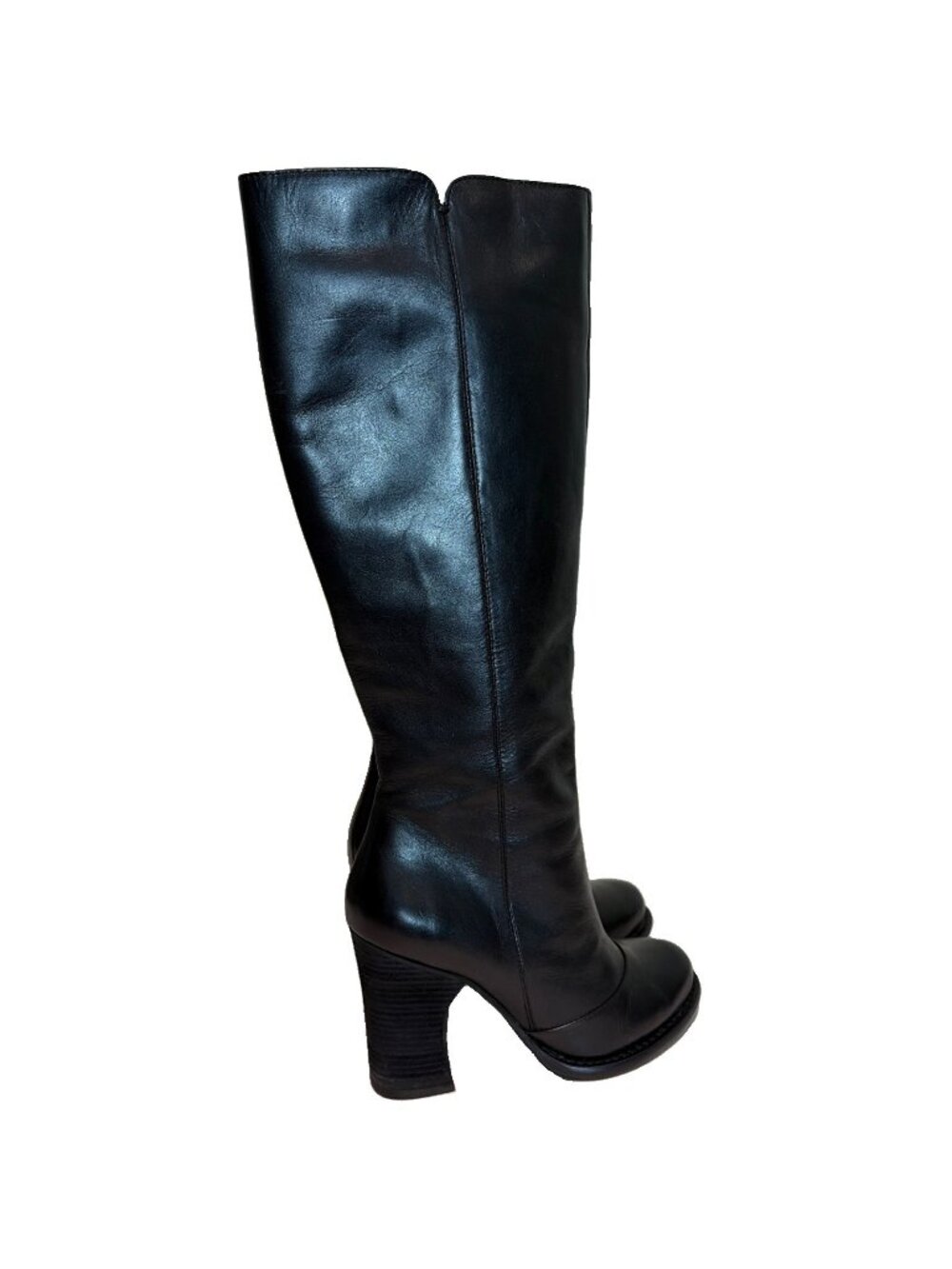 BCBGeneration Black Leather Knee High Boot Size 7.5M Size Zip Block Heels Y2K